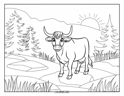 Desenho de vaca das Terras Altas para colorir para crianças: Uma vaca fica sobre rochas enquanto o sol nasce sobre um prado de pinheiros