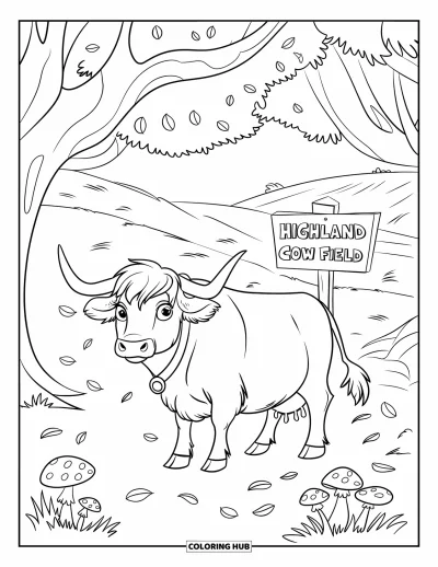 Desenho de vaca das Terras Altas para colorir para crianças: Uma vaca fica sob árvores perto de uma placa de madeira com os dizeres "Highland Cow Field"