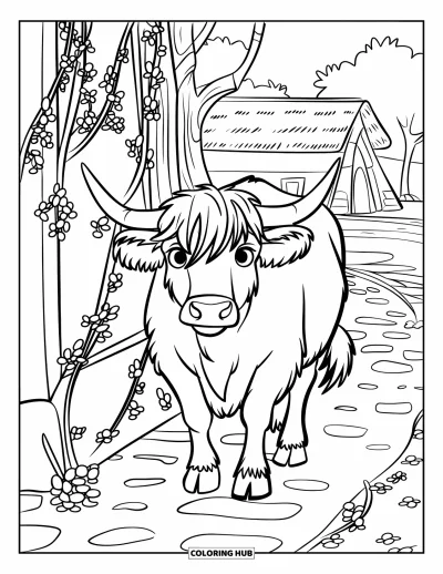 Desenho de vaca das Terras Altas para colorir para crianças: Uma vaca caminha por um caminho de pedras ladeado de flores e vinhas
