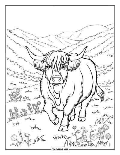 Desenho de vaca das Terras Altas para colorir para crianças: Uma vaca com chifres curvos caminha por colinas gramadas cobertas de flores silvestres