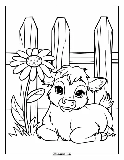 Desenho de vaca das Terras Altas para colorir para crianças: Um bezerrinho peludo com olhos grandes descansa ao lado de uma margarida e uma cerca de madeira