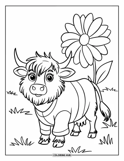 Desenho de vaca das Terras Altas para colorir para crianças: Uma vaca peluda de suéter fica ao lado de uma flor em um campo gramado