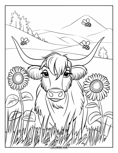 Desenho de vaca das Terras Altas para colorir para crianças: Uma vaca peluda espia entre flores e grama com abelhas voando em uma paisagem tranquila