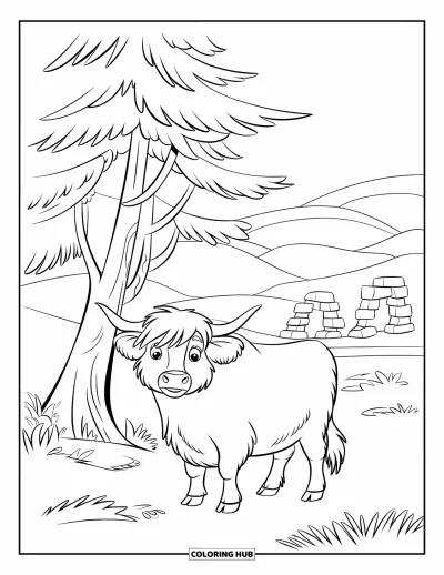 Desenho de vaca das Terras Altas para colorir para crianças: Uma vaca peluda fica sob um pinheiro sacudido pelo vento e ruínas de pedra antigas