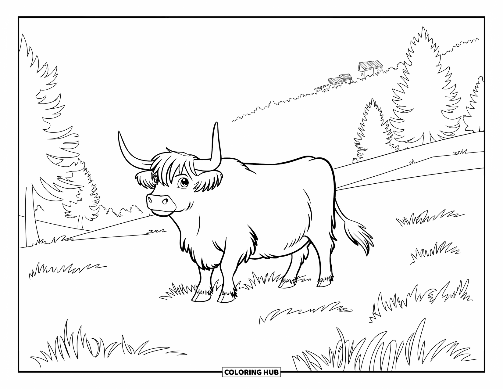 Highland Cow Coloring Page for Kids: A fluffy cow stands in meadow grass near misty mountains and distant buildings