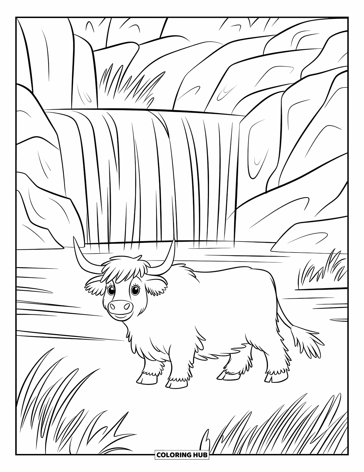 Highland Cow Coloring Page for Kids: A fluffy cow stands near a waterfall with rocks and tall grass around it