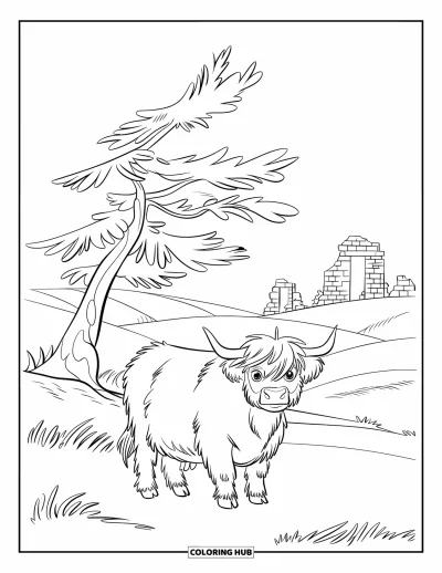 Desenho de vaca das Terras Altas para colorir para crianças: Uma vaca peluda fica perto de ruínas sob uma árvore com colinas ao vento ao fundo