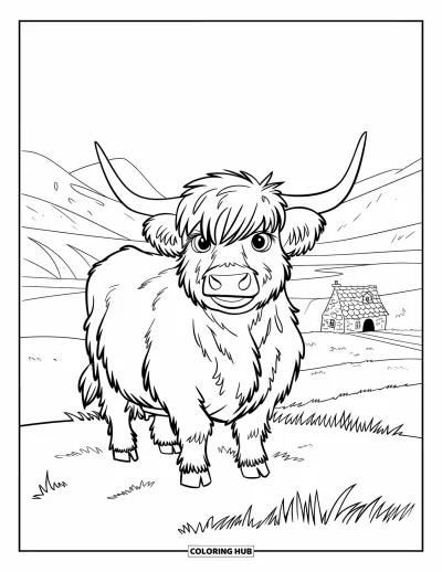 Desenho de vaca das Terras Altas para colorir para crianças: Uma vaca peluda fica em uma colina acima de montanhas e um lago sereno