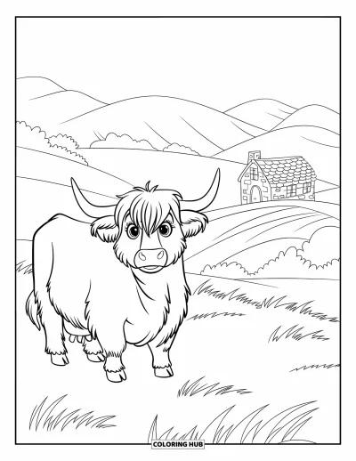 Desenho de vaca das Terras Altas para colorir para crianças: Uma vaca peluda fica em uma colina com uma casinha de pedra ao longe