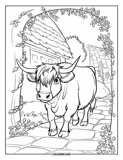 Desenho de vaca das Terras Altas para colorir para crianças: Uma vaca peluda passeia por um caminho de pedras ao lado de uma casa de pedra com vegetação