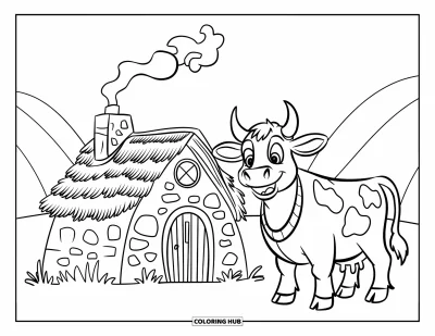 Desenho de vaca das Terras Altas para colorir para crianças: Uma vaca feliz de suéter de bolinhas fica perto de uma pequena cabana de pedra com fumaça subindo