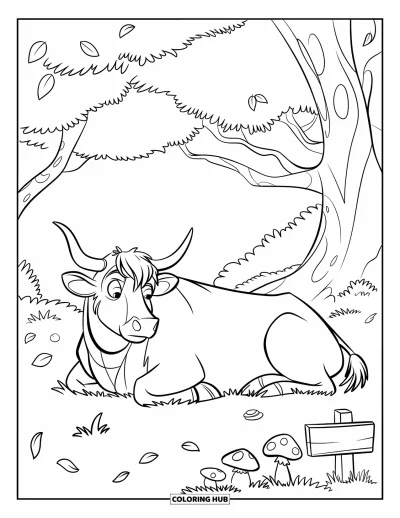 Desenho de vaca das Terras Altas para colorir para crianças: Uma vaca das Terras Altas descansa sob uma árvore com folhas espalhadas, cogumelos e uma placa próxima