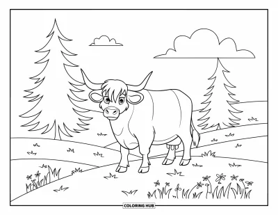 Desenho de vaca das Terras Altas para colorir para crianças: Uma vaca das Terras Altas fica em uma colina rodeada de pinheiros e grama suave