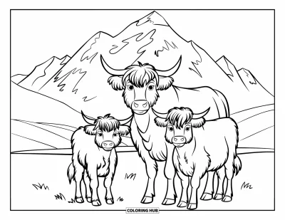 Desenho de vaca das Terras Altas para colorir para crianças: Uma mãe e seu filhote ficam na grama com montanhas se erguendo ao fundo