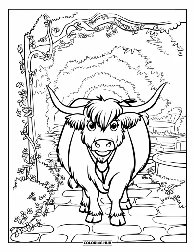 Desenho de vaca das Terras Altas para colorir para crianças: Uma vaca manchada com coleira vermelha caminha por um jardim ao longo de um caminho de pedras