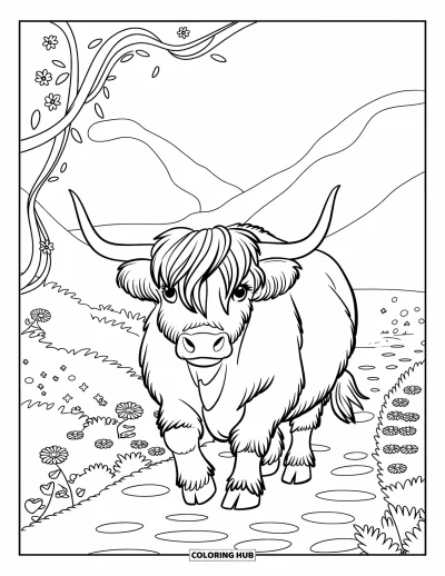 Desenho de vaca das Terras Altas para colorir para crianças: Uma vaca estampada caminha por uma trilha coberta de vinhas com montanhas e céu azul ao fundo