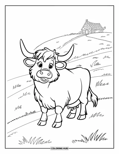 Desenho de vaca das Terras Altas para colorir para crianças: Uma vaca brincalhona fica em uma colina com uma casinha ao fundo