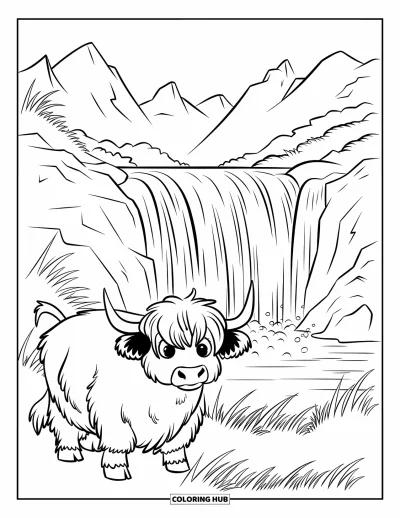 Desenho de vaca das Terras Altas para colorir para crianças: Uma vaca com manchas vermelhas fica perto de uma cachoeira com montanhas pontiagudas ao fundo