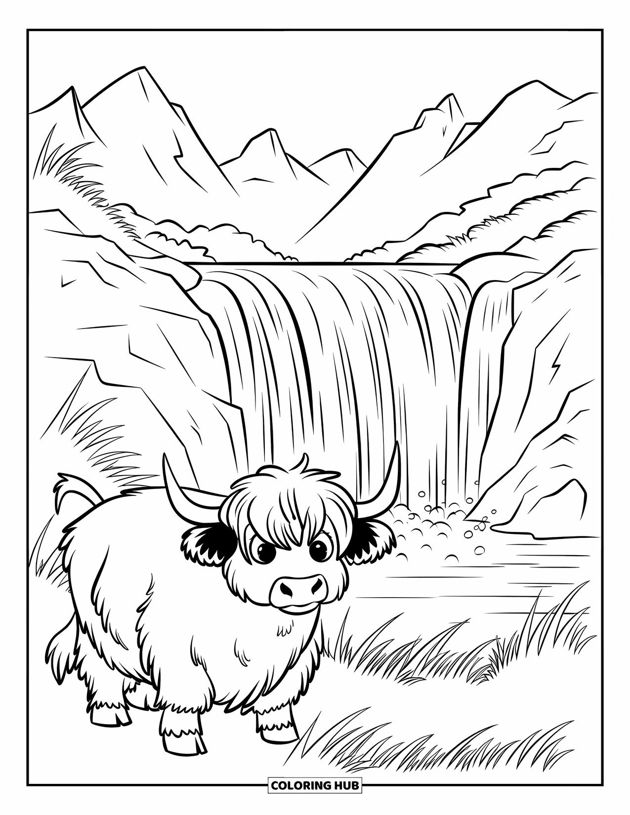Highland Cow Coloring Page for Kids: A red-patched cow stands near a waterfall with sharp mountains behind