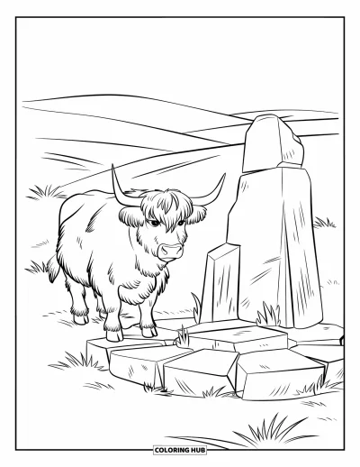 Desenho de vaca das Terras Altas para colorir para crianças: Uma vaca desgrenhada descansa perto de um círculo de pedras com colinas ao longe