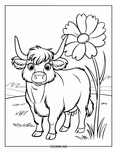 Desenho de vaca das Terras Altas para colorir para crianças: Uma vaca sorridente fica perto de uma grande flor em um campo verde com clima alegre
