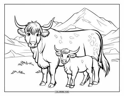 Desenho de vaca das Terras Altas para colorir para crianças: Uma vaca manchada e seu filhote ficam lado a lado em uma cena tranquila de montanha