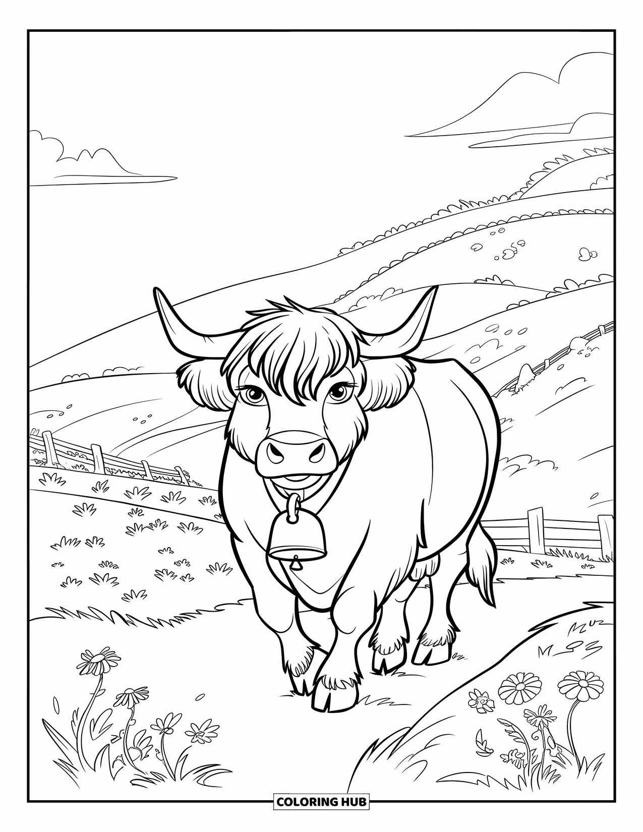 Highland Cow Coloring Page for Kids: A thick-coated cow with a bell walks through a flower-filled valley and rolling hills