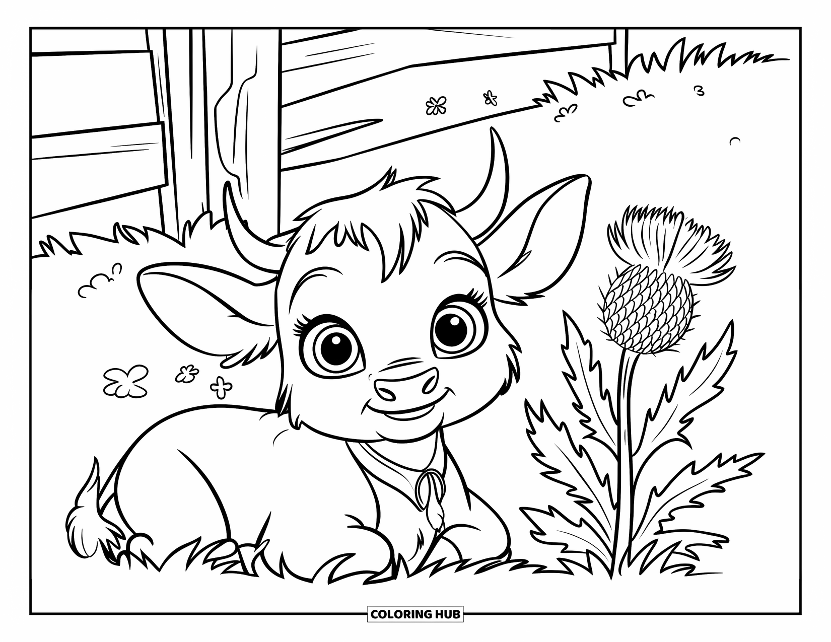 Highland Cow Coloring Page for Kids: A wide-eyed calf with a red collar rests near a pink Highland thistle