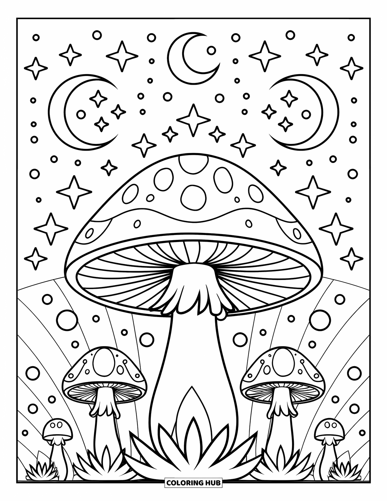 Hippie Mushroom Coloring Page for Adults: Big mushroom under a sky of stars and moons with smaller ones nearby