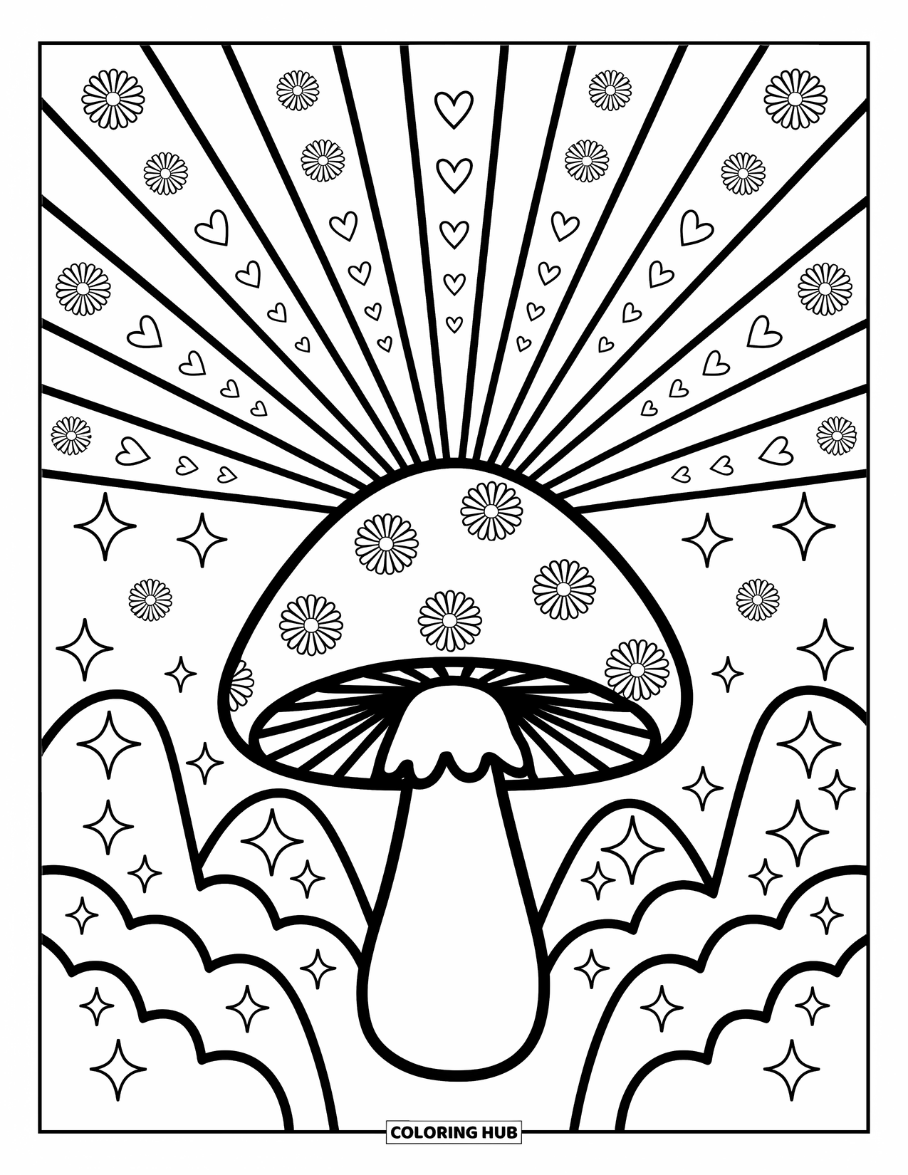 Hippie Mushroom Coloring Page for Adults: Big mushroom with sunbeam designs and a sky full of swirls and stars