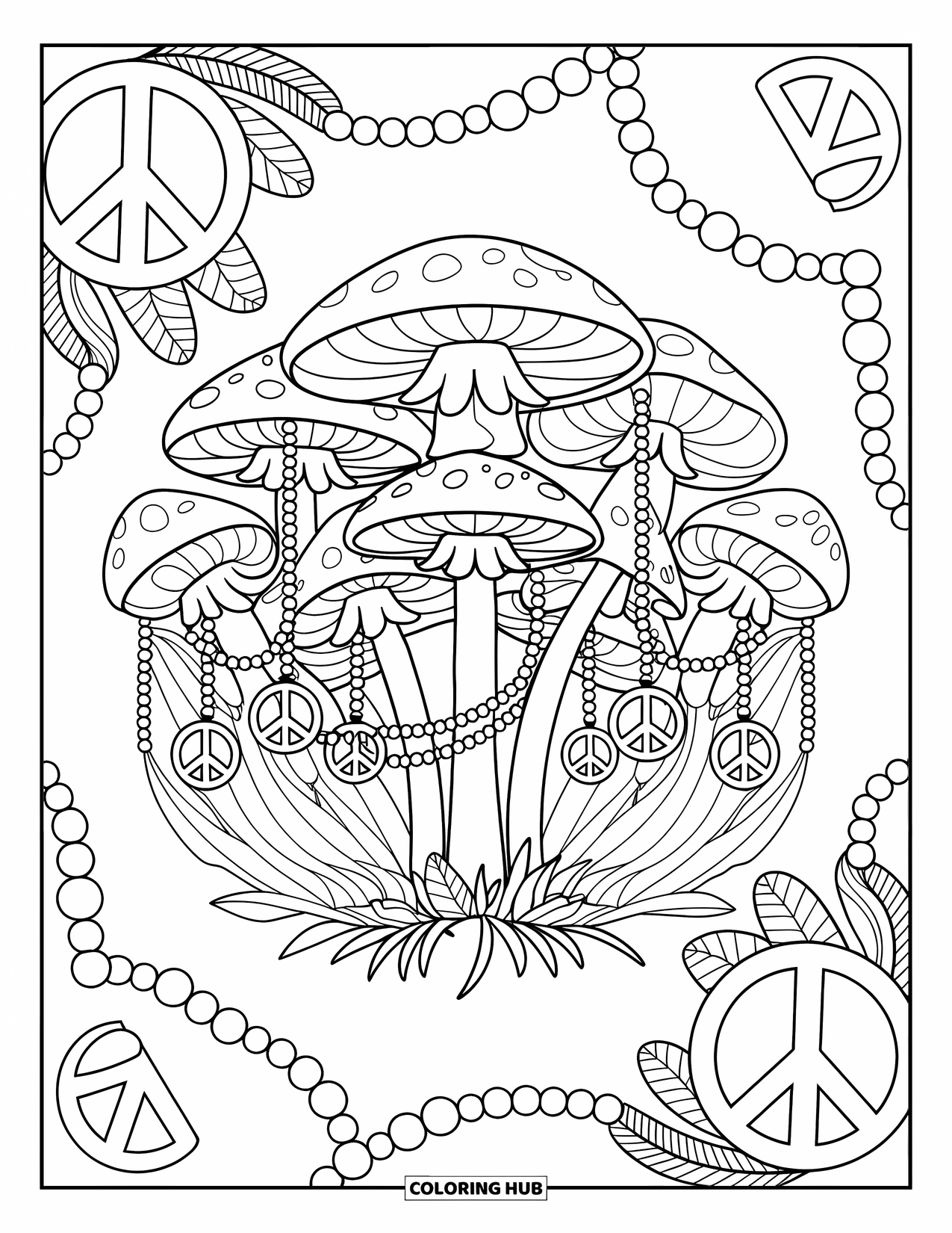 Hippie Mushroom Coloring Page for Adults: Circle of hippie mushrooms with beads, petals, and scattered peace signs