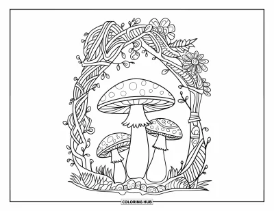 Hippie gomba kifestő felnőtteknek: Hippie gombacsoport összekuszálódott indákkal és lágy virágos érintésekkel