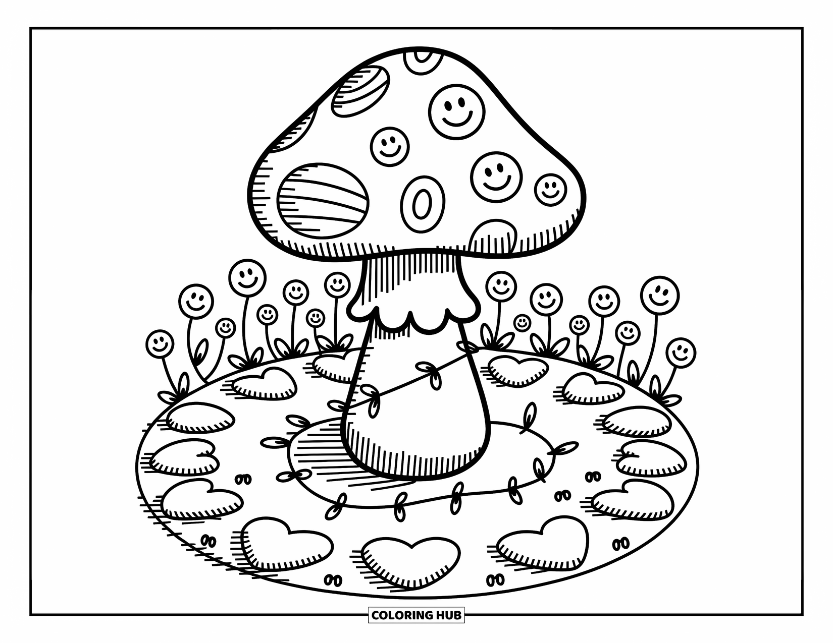 Hippie Mushroom Coloring Page for Adults: Cute mushroom with line patterns and smiley flowers in a peaceful garden