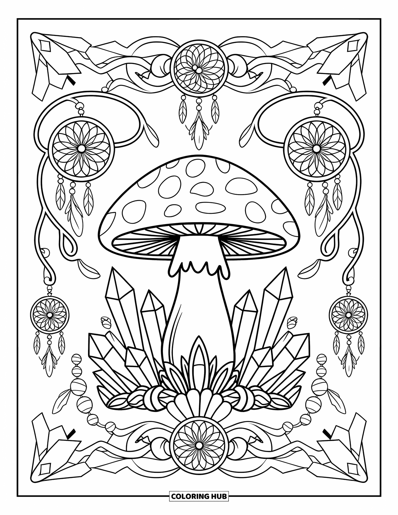 Hippie Mushroom Coloring Page for Adults: Decorated mushroom with crystal clusters, vines, and dreamcatchers
