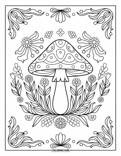 Hippie gomba kifestő felnőtteknek: Részletes gomba-mandala virágokkal, levelekkel és örvénylő rajzokkal