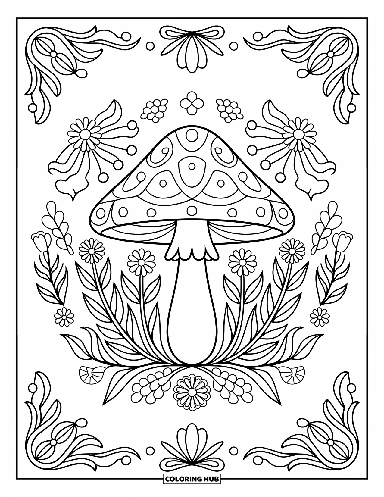 Hippie Mushroom Coloring Page for Adults: Detailed mushroom mandala filled with flowers, leaves, and swirling art