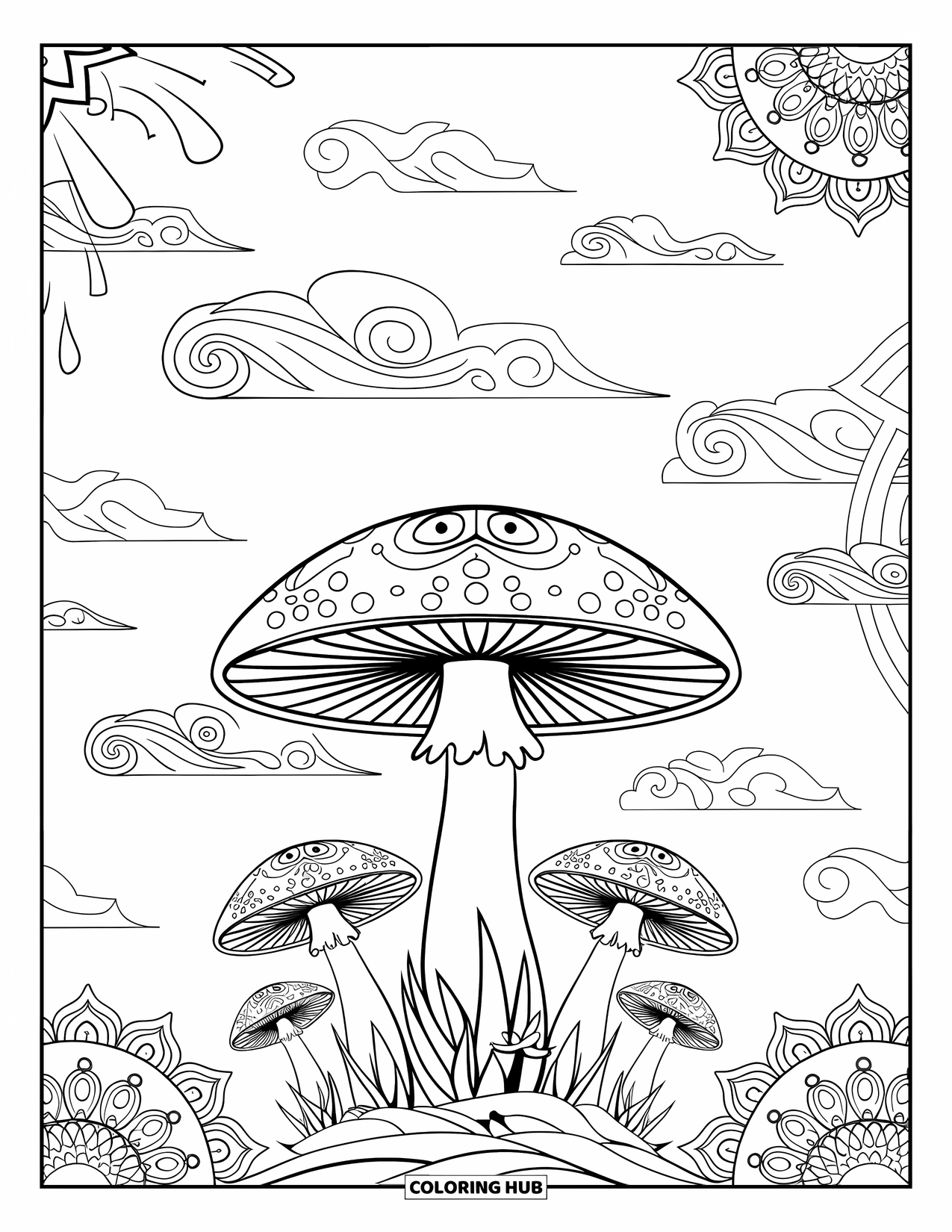 Hippie Mushroom Coloring Page for Adults: Field of mushrooms with swirling clouds and blooming mandalas
