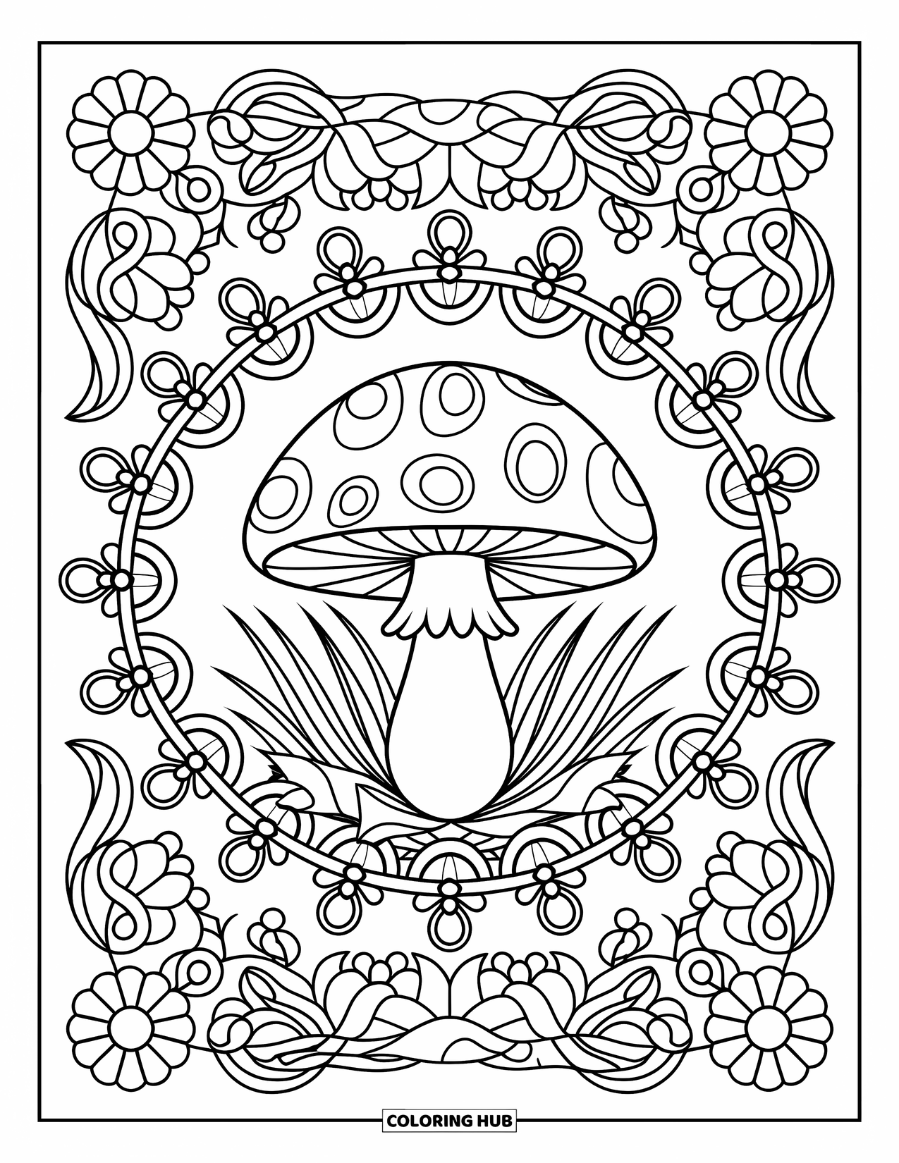 Hippie Mushroom Coloring Page for Adults: Floral mandala mushroom surrounded by a leafy decorative frame