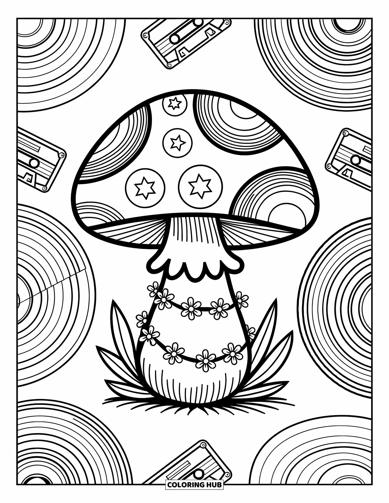 Hippie Mushroom Coloring Page for Adults: Flower-chained mushroom with record designs and wavy retro patterns