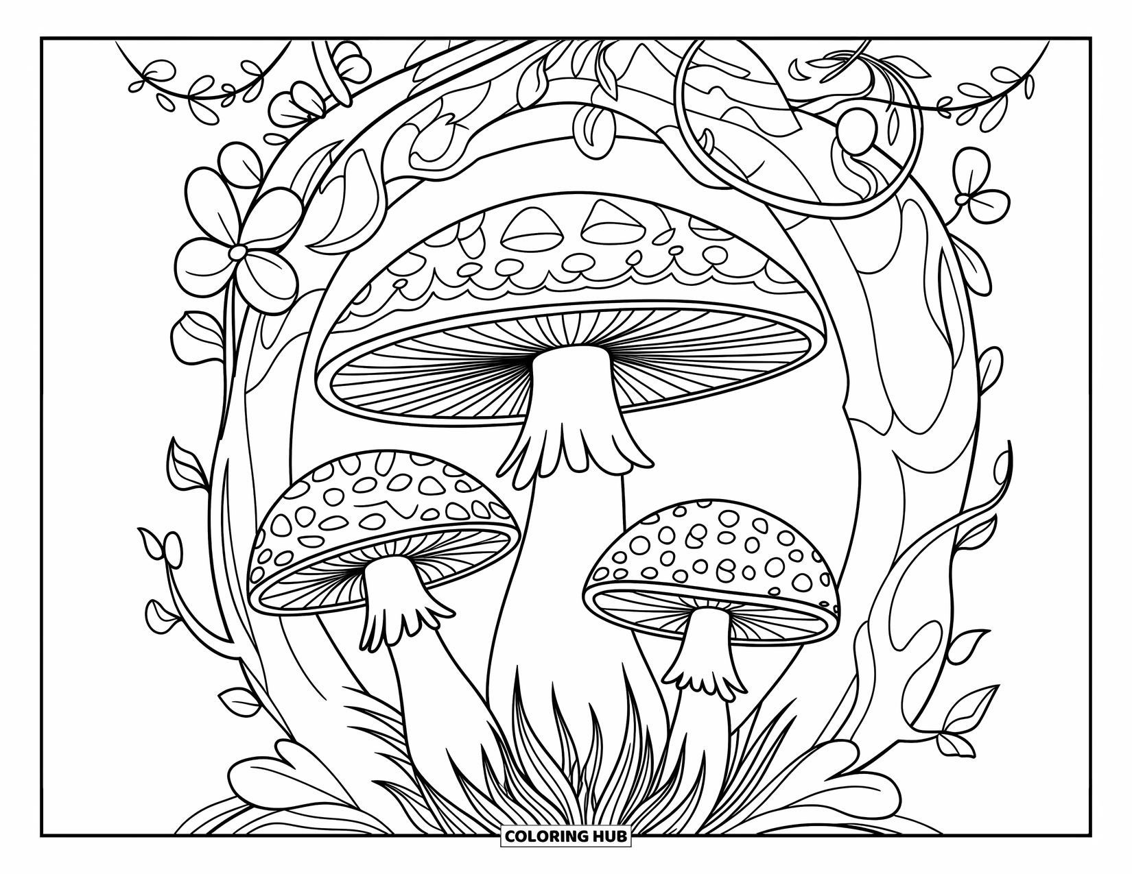Hippie Mushroom Coloring Page for Adults: Forest scene with three big mushrooms and a background of vines and flowers