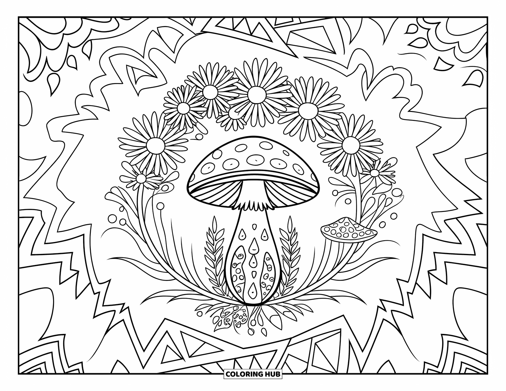 Hippie Mushroom Coloring Page for Adults: Hippie mushroom with intricate roots surrounded by daisies and geometric designs