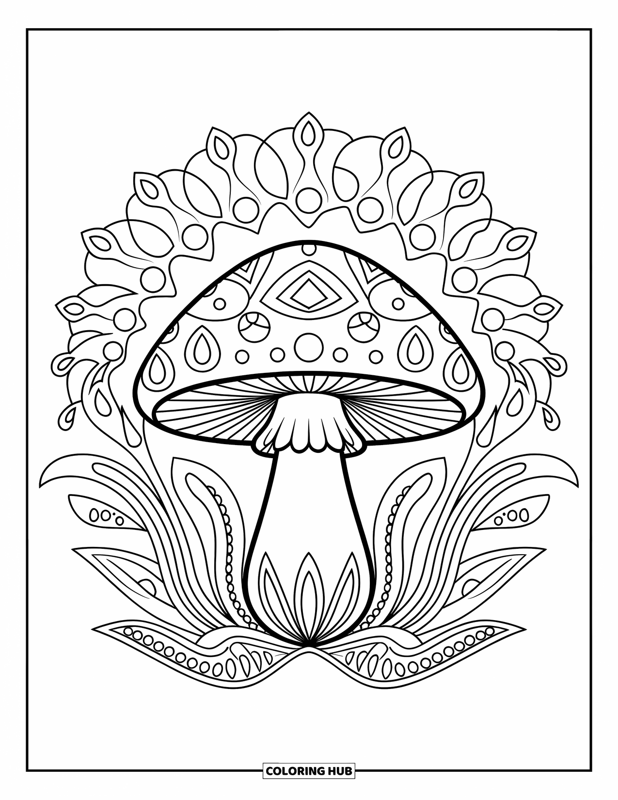 Hippie Mushroom Coloring Page for Adults: Leafy and floral mandala mushroom in an artistic, relaxing design
