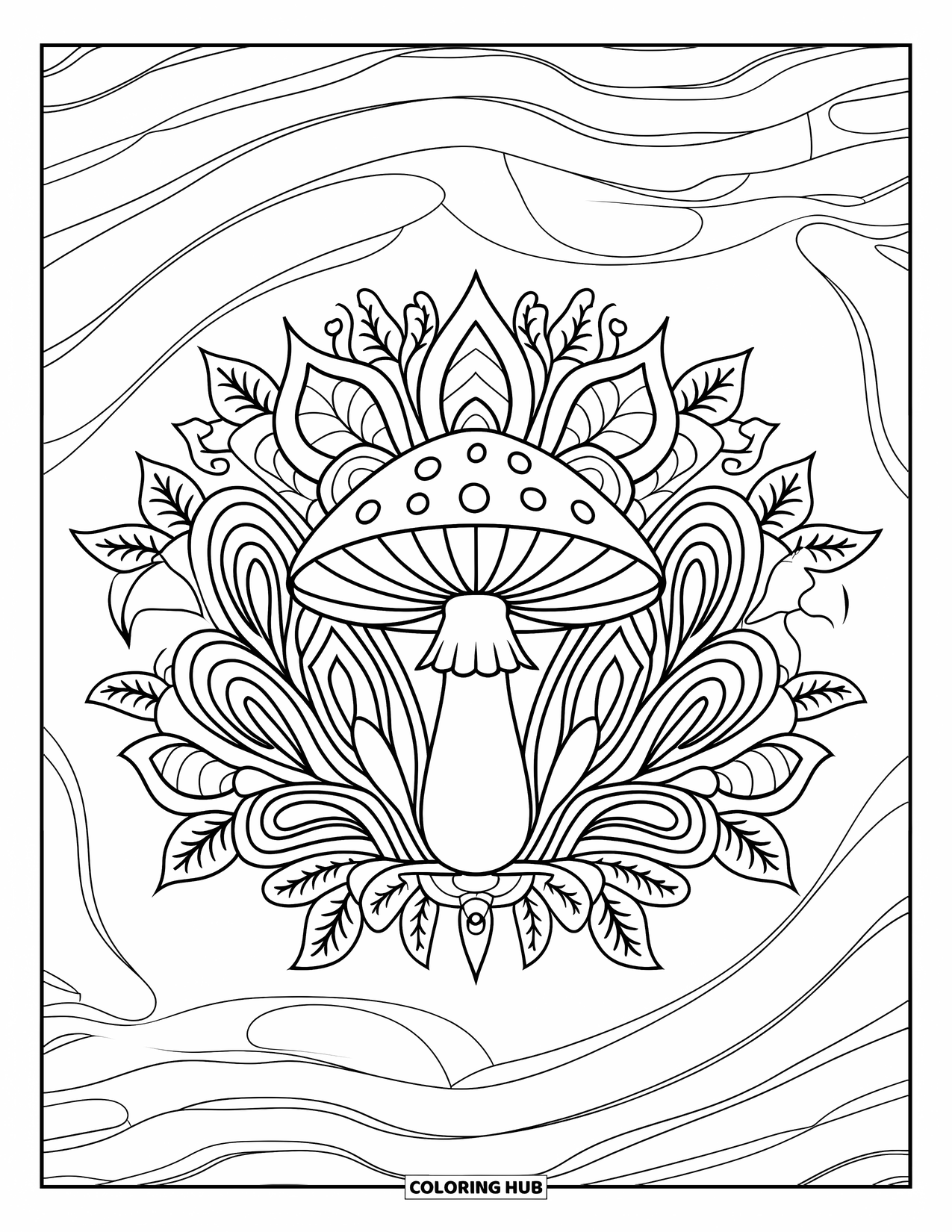 Hippie Mushroom Coloring Page for Adults: Mandala mushroom with floral and leafy symmetry in swirling patterns