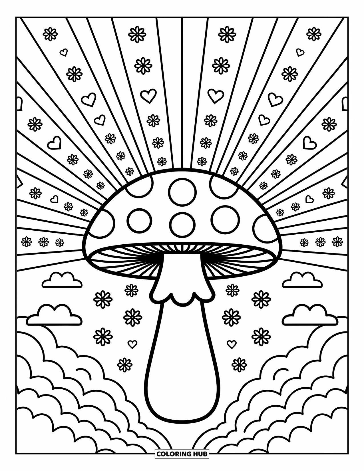 Hippie Mushroom Coloring Page for Adults: Mushroom cap with radiant line art surrounded by dreamy clouds and hearts
