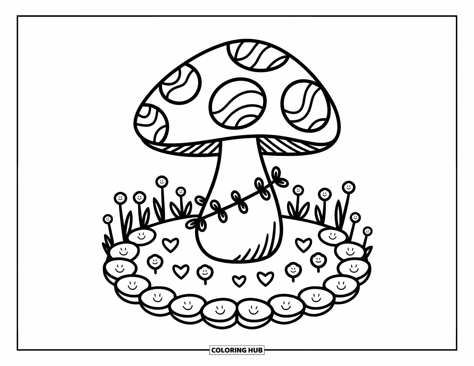 Hippie Mushroom Coloring Page for Adults: mushroom sits in a heart-stone peace garden with smiley flowers