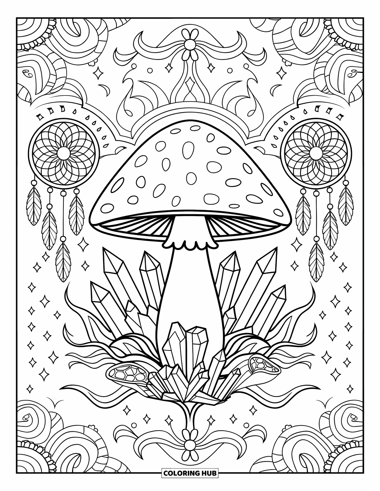 Hippie Mushroom Coloring Page for Adults: Mushroom surrounded by crystals, vines, and dangling dreamcatchers