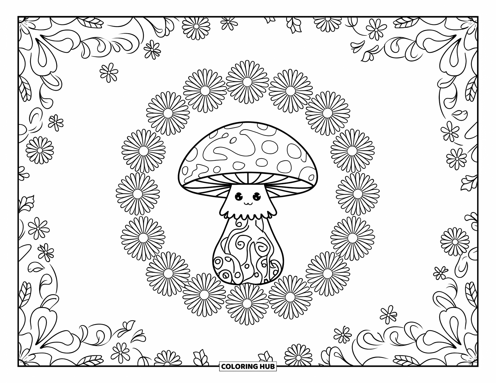 Hippie Mushroom Coloring Page for Adults: Mushroom with a hat and roots framed by wild daisies and swirling patterns
