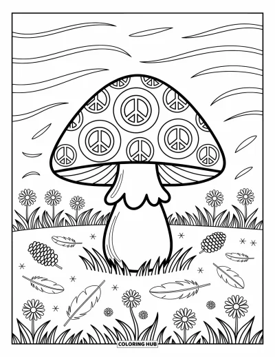 Hippie gomba kifestő felnőtteknek: Gomba vadmargarétákkal, tobozokkal és örvénylő szélmintákkal
