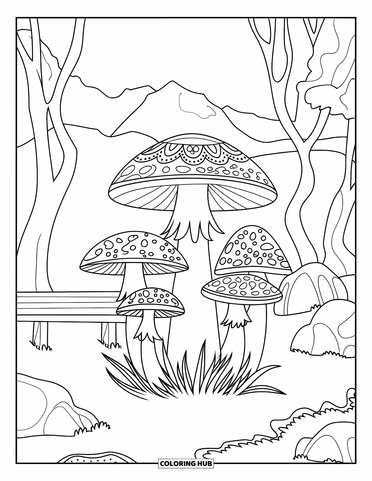 Hippie Mushroom Coloring Page for Adults: Mushrooms growing by a bench in a quiet garden with trees