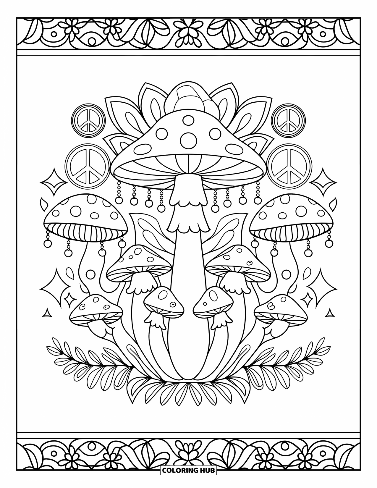 Hippie Mushroom Coloring Page for Adults: Peaceful mushroom cluster framed by flowers, leaves, and a star